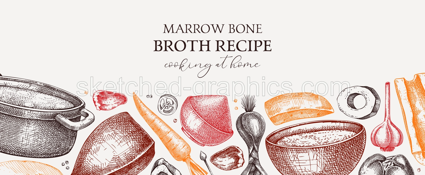 Healthy food background in color. Marrow bone broth banner. Hot soup on plates, pans, bowls, organ meat, vegetables, marrow bones sketches. Hand drawn vector illustrations. Homemade food ingredient Illustration